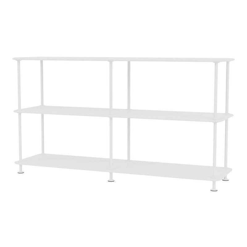 "Minimalist white shelving unit with three open shelves and clean lines, perfect for modern decor."