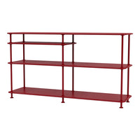 Red metal shelving unit with a modern, minimalist design and open shelving pattern. Perfect for stylish storage solutions.