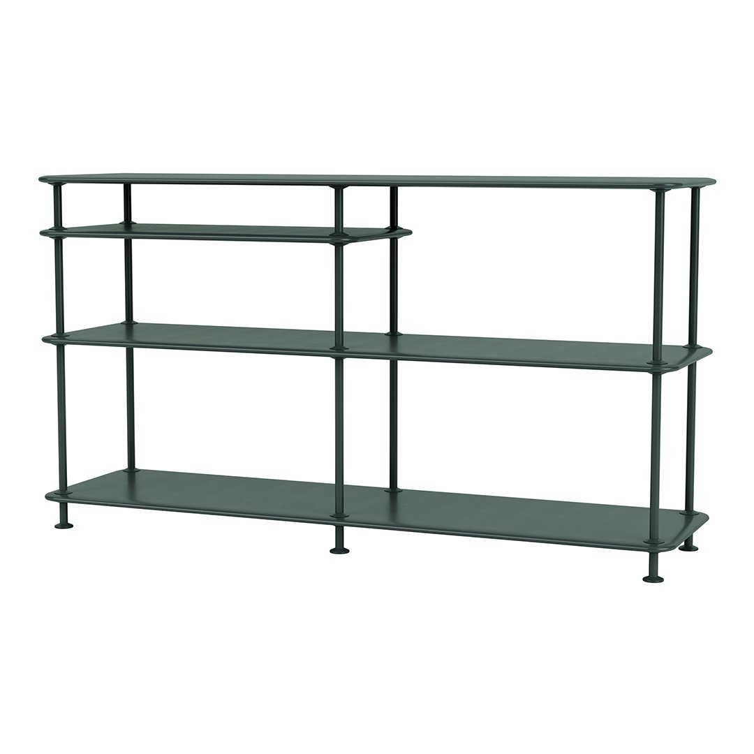 Dark green metal shelving unit with clean lines and open shelving design, perfect for modern decor.