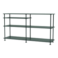 Dark green metal shelving unit with clean lines and open shelving design, perfect for modern decor.