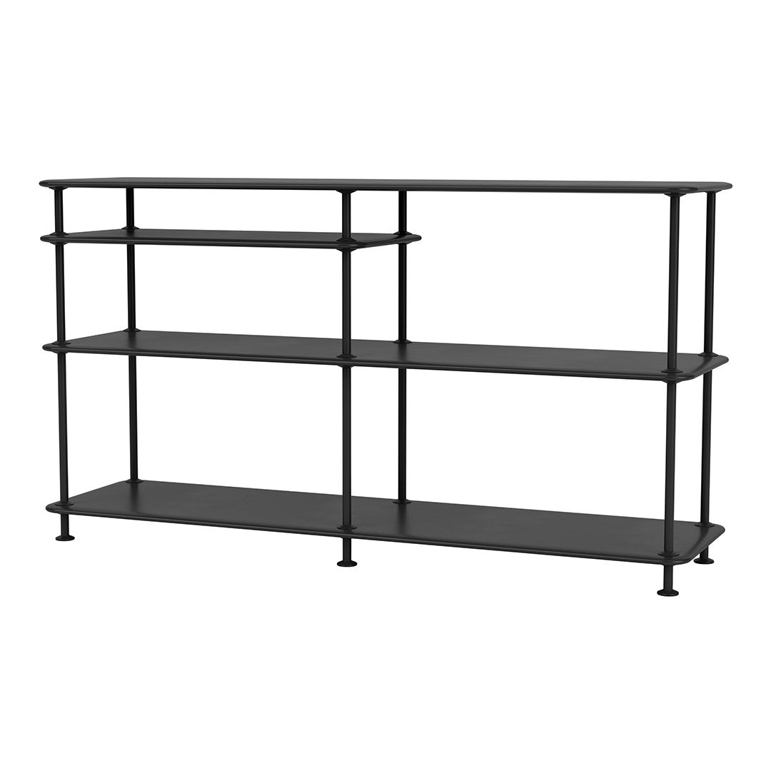 Black metal shelving unit with a minimalist design and open shelf pattern, perfect for modern decor.