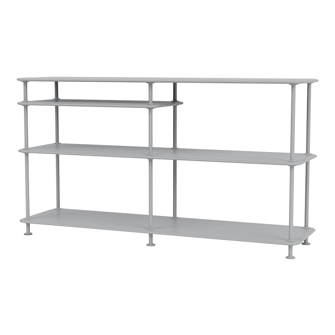 Gray metal shelving unit with a sleek, modern design and multiple open shelves. Ideal for minimalist decor.