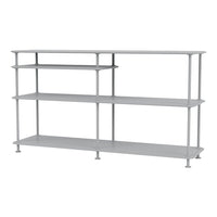 Gray metal shelving unit with a sleek, modern design and multiple open shelves. Ideal for minimalist decor.
