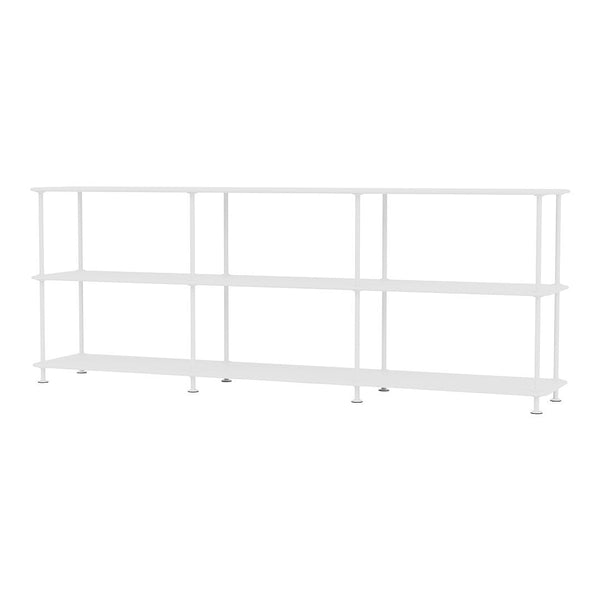 White open shelving unit with a minimalist design and clean lines, featuring four spacious shelves.