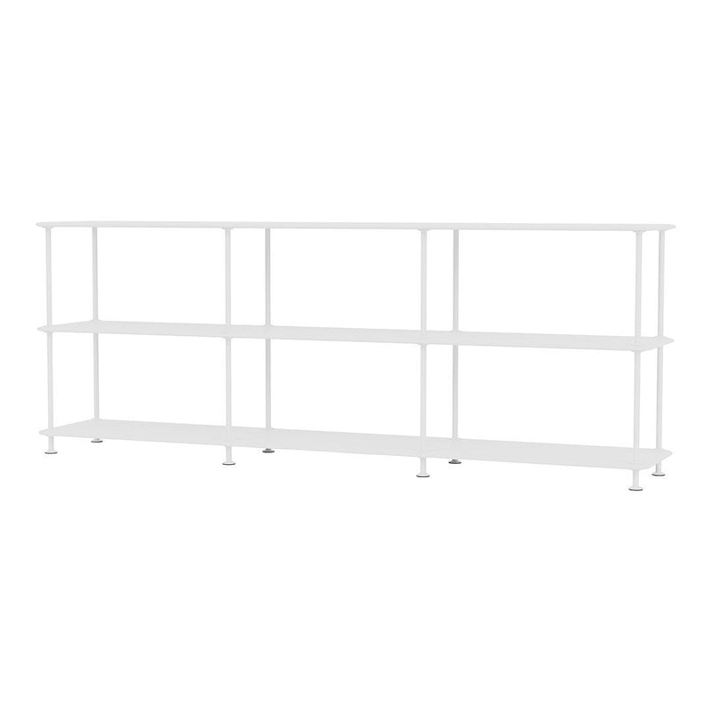 White open shelving unit with a minimalist design and clean lines, featuring four spacious shelves.