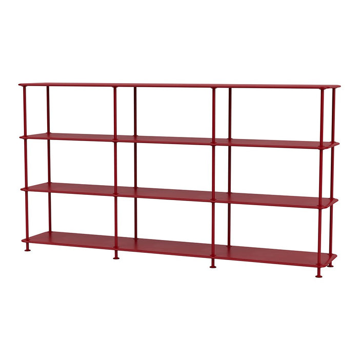 Red metal shelving unit with sleek, modern design and multiple open shelves. Perfect for contemporary storage solutions.