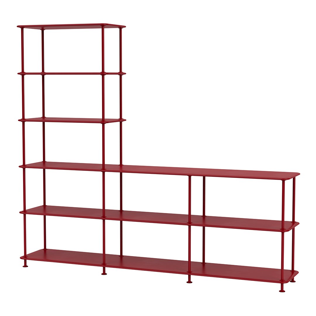 Red metal shelving unit with sleek lines and open design, featuring a modern L-shape and multiple tiers.