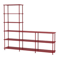Red metal shelving unit with sleek lines and open design, featuring a modern L-shape and multiple tiers.