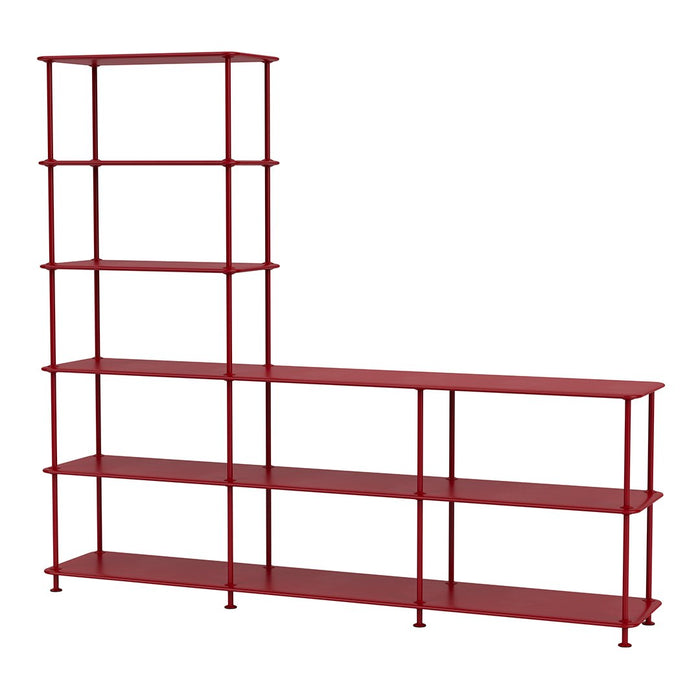 Red metal shelving unit with sleek lines and open design, featuring a modern L-shape and multiple tiers.
