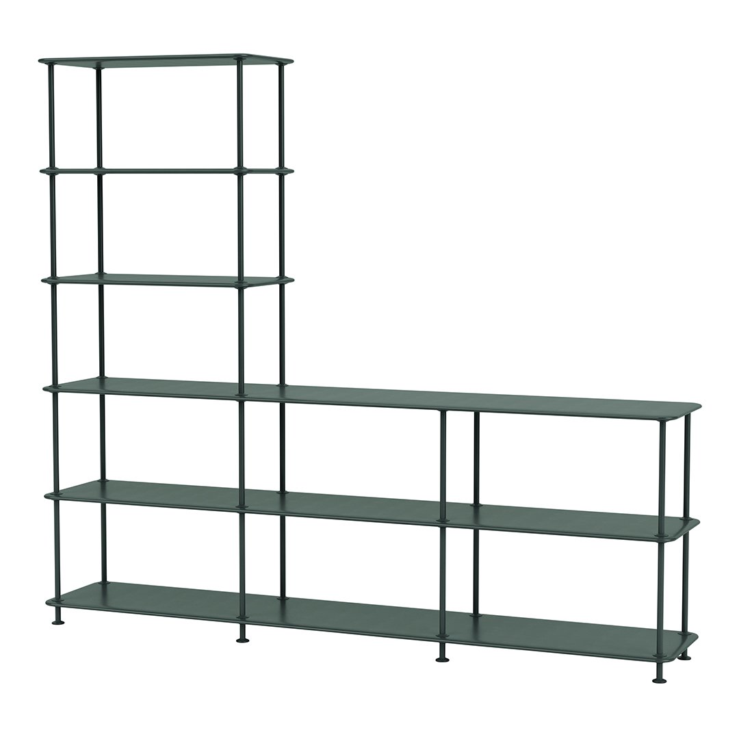 Modern green metal shelving unit with a sleek, minimal design and vertical-horizontal pattern. Perfect for any space.