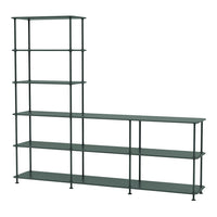 Modern green metal shelving unit with a sleek, minimal design and vertical-horizontal pattern. Perfect for any space.