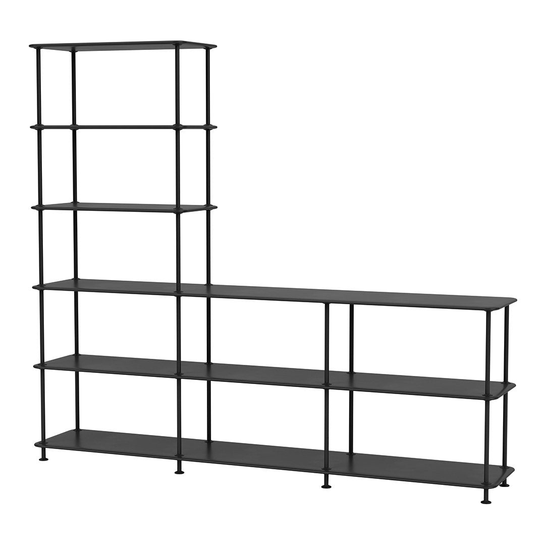 Black metal shelving unit with sleek lines and an open design, featuring multiple shelves for versatile storage.