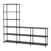 Black metal shelving unit with sleek lines and an open design, featuring multiple shelves for versatile storage.