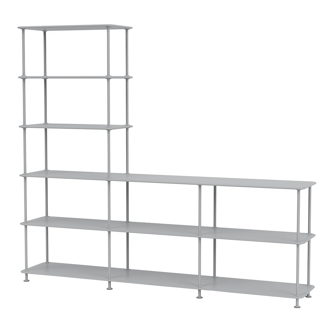 Silver metal shelving unit with a modern, geometric design. Features multiple open shelves for versatile storage.