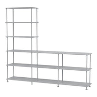Silver metal shelving unit with a modern, geometric design. Features multiple open shelves for versatile storage.