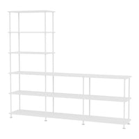 White open shelving unit with a modern design and sleek lines, featuring multiple tiers for versatile display.