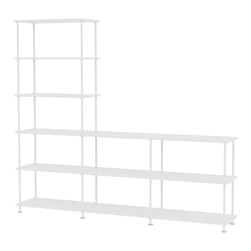 White open shelving unit with a modern design and sleek lines, featuring multiple tiers for versatile display.