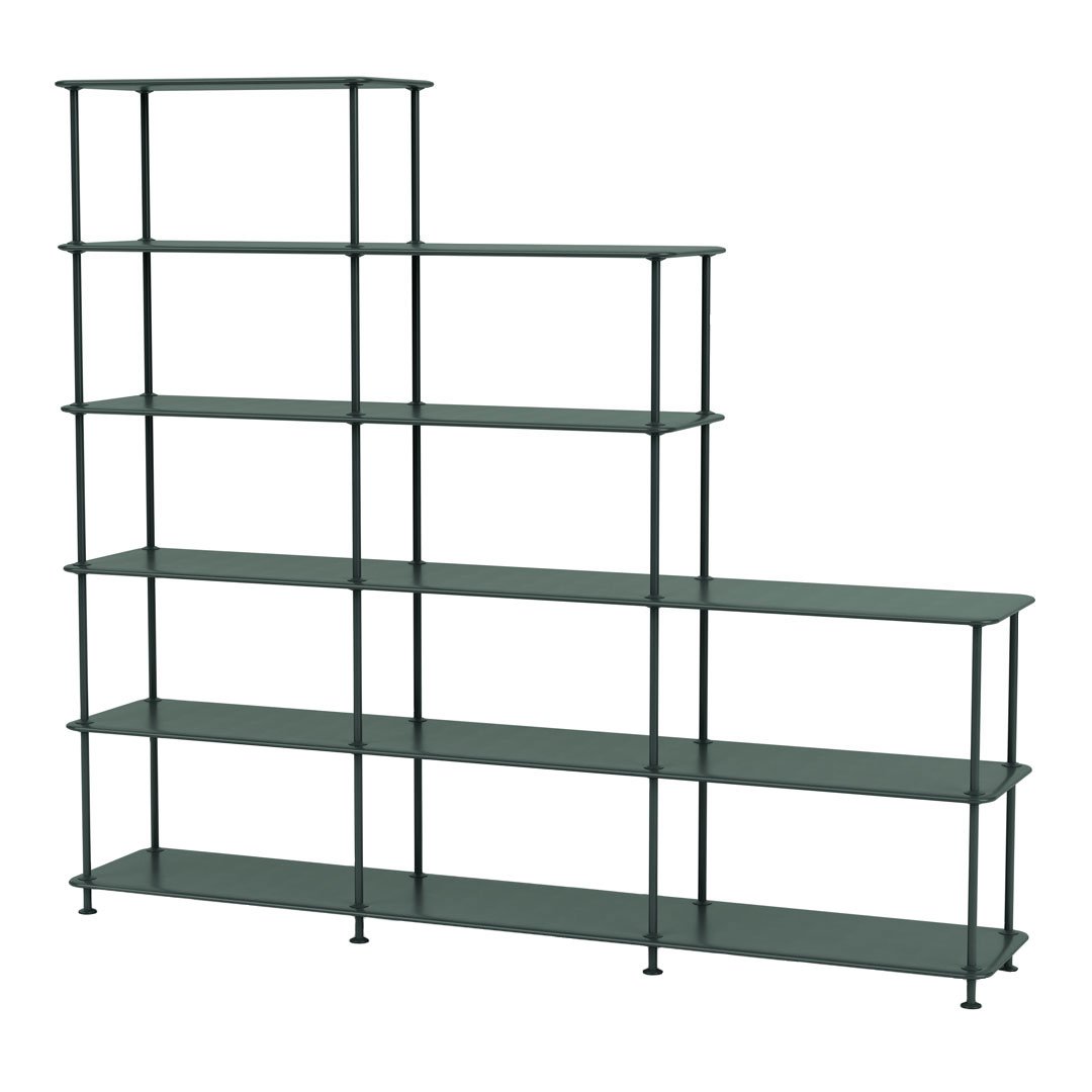Green metal shelving unit with a modern design featuring linear patterns and varying shelf heights.