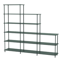 Green metal shelving unit with a modern design featuring linear patterns and varying shelf heights.