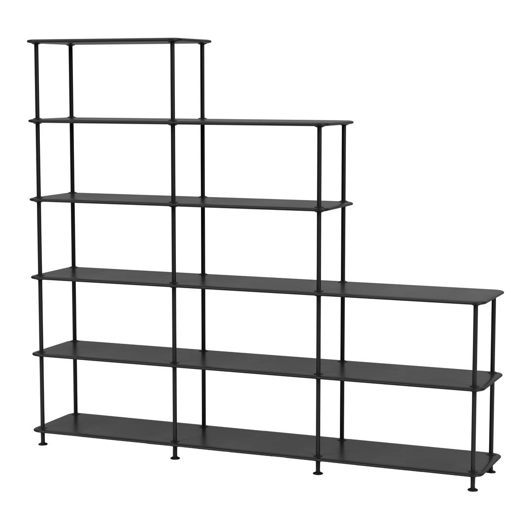 Modern black metal shelving unit with a geometric design and multiple staggered shelves. Perfect for any decor.