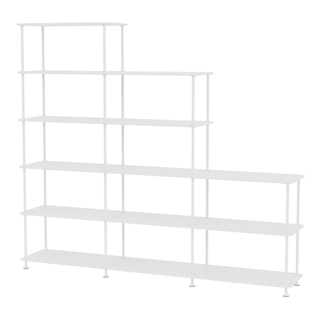 White metal shelving unit with a clean, modern design and multiple tiers for versatile storage and display.