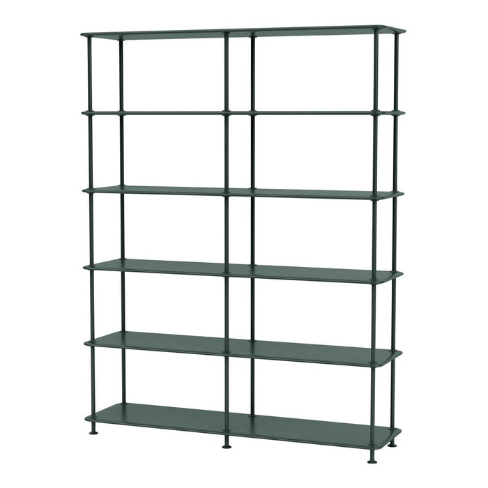 Green shelving unit with a sleek, minimalist design and open-grid pattern, featuring multiple adjustable shelves.