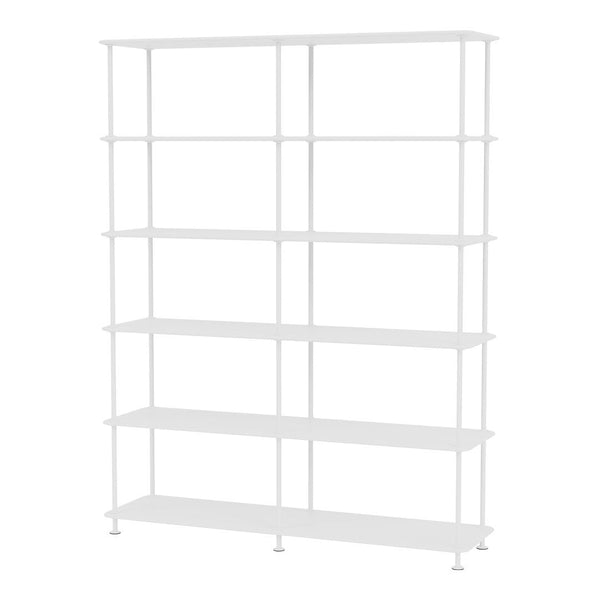 White metal shelving unit with a minimalist design and six open shelves for versatile storage solutions.