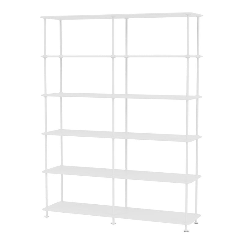 White metal shelving unit with a minimalist design and six open shelves for versatile storage solutions.