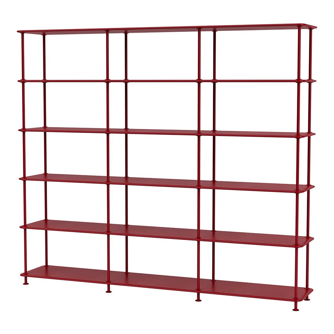 Red metal shelving unit with a modern open design and evenly spaced shelves. Perfect for display or storage solutions.