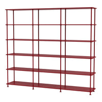 Red metal shelving unit with a modern open design and evenly spaced shelves. Perfect for display or storage solutions.