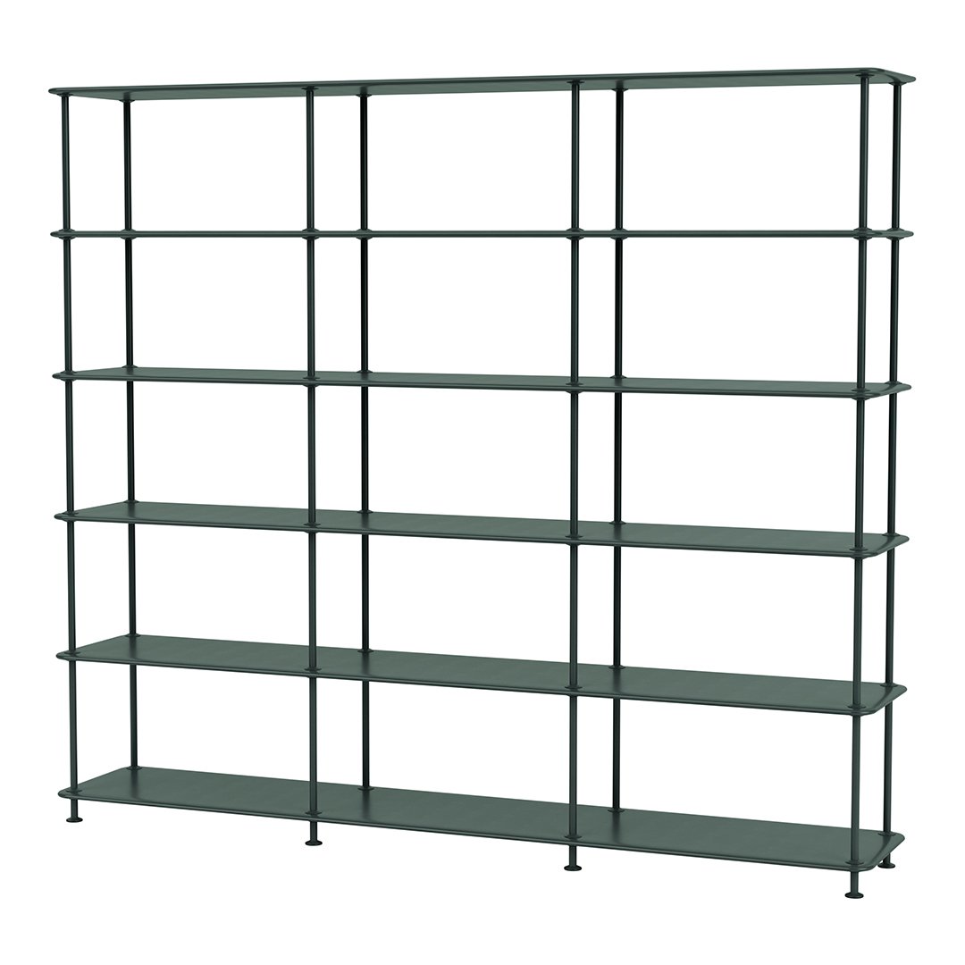 Green metal shelving unit with a sleek, minimalist design and clean lines, featuring multiple open shelves for display.