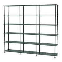 Green metal shelving unit with a sleek, minimalist design and clean lines, featuring multiple open shelves for display.