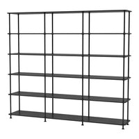 Black industrial-style shelving unit with open grid pattern and multiple shelves. Perfect for modern decor.