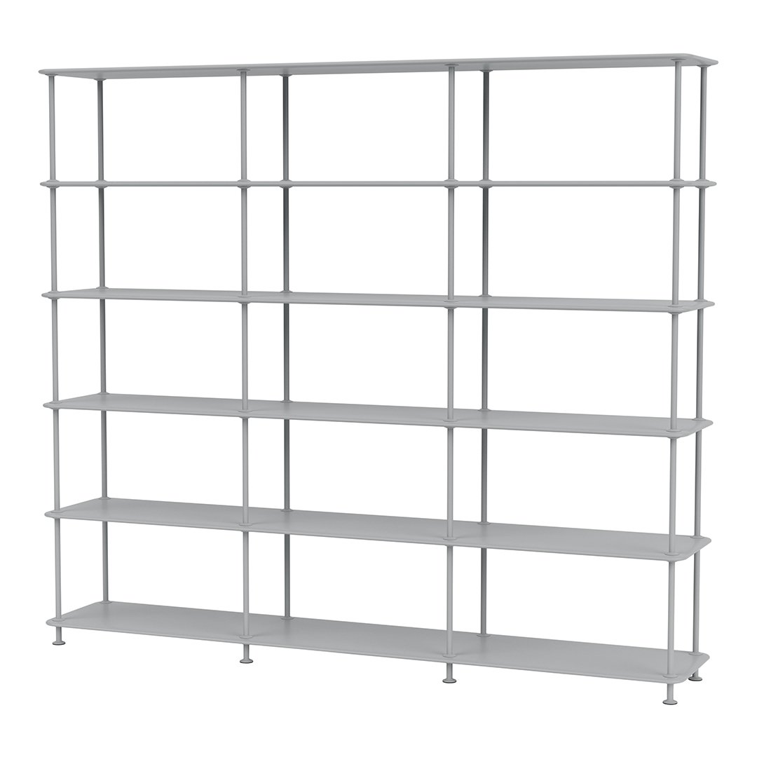 Gray metal shelving unit with clean lines and multiple open shelves, perfect for modern storage solutions.
