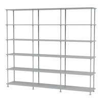 Gray metal shelving unit with clean lines and multiple open shelves, perfect for modern storage solutions.