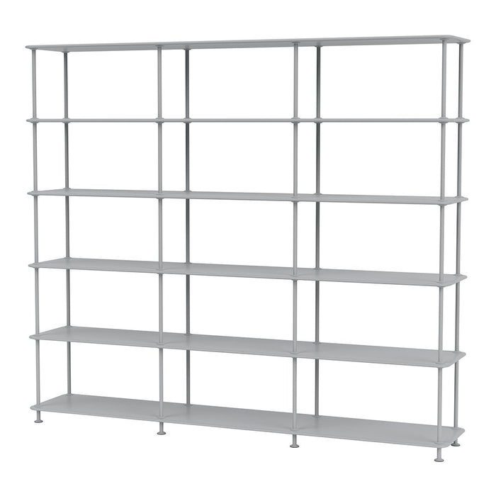 Gray metal shelving unit with clean lines and multiple open shelves, perfect for modern storage solutions.