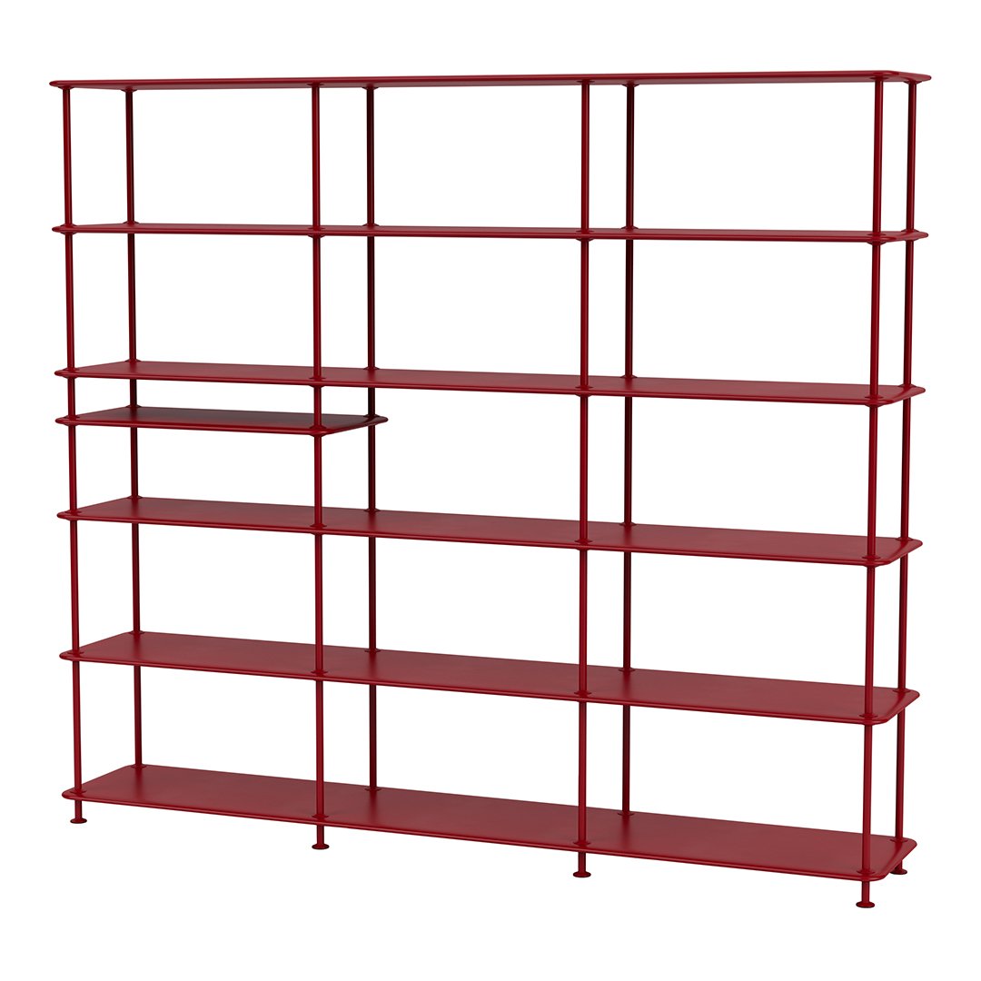 Red metal shelving unit with a modern, minimalist design featuring vertical and horizontal lines.