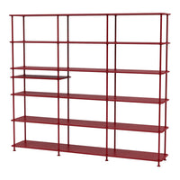 Red metal shelving unit with a modern, minimalist design featuring vertical and horizontal lines.
