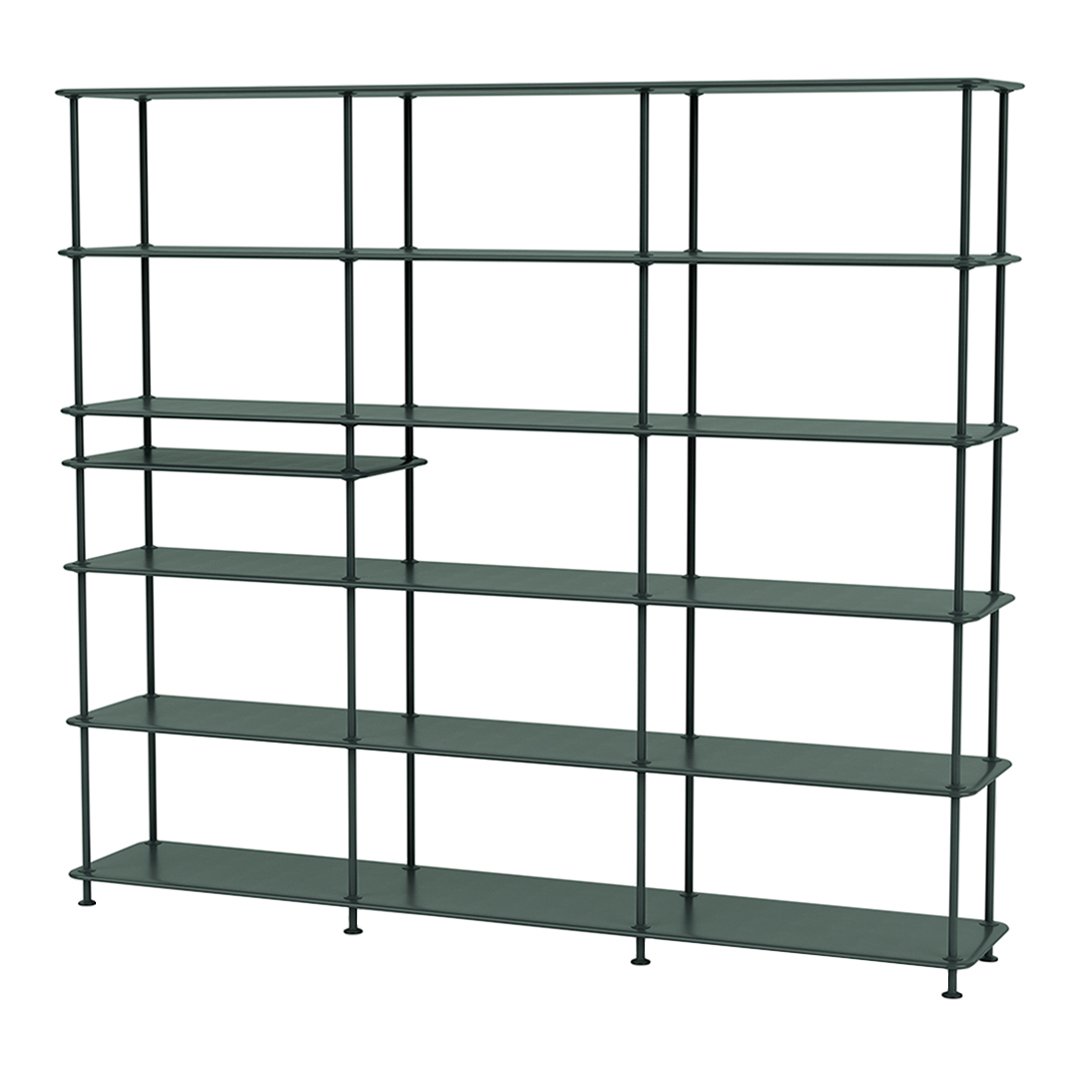 Green metal shelving unit with a minimalist design and open grid pattern, featuring multiple levels and shelves.
