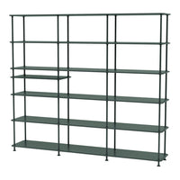 Green metal shelving unit with a minimalist design and open grid pattern, featuring multiple levels and shelves.