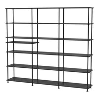 Black metal shelving unit with a minimalist design, featuring a grid pattern and multiple open shelves for storage.