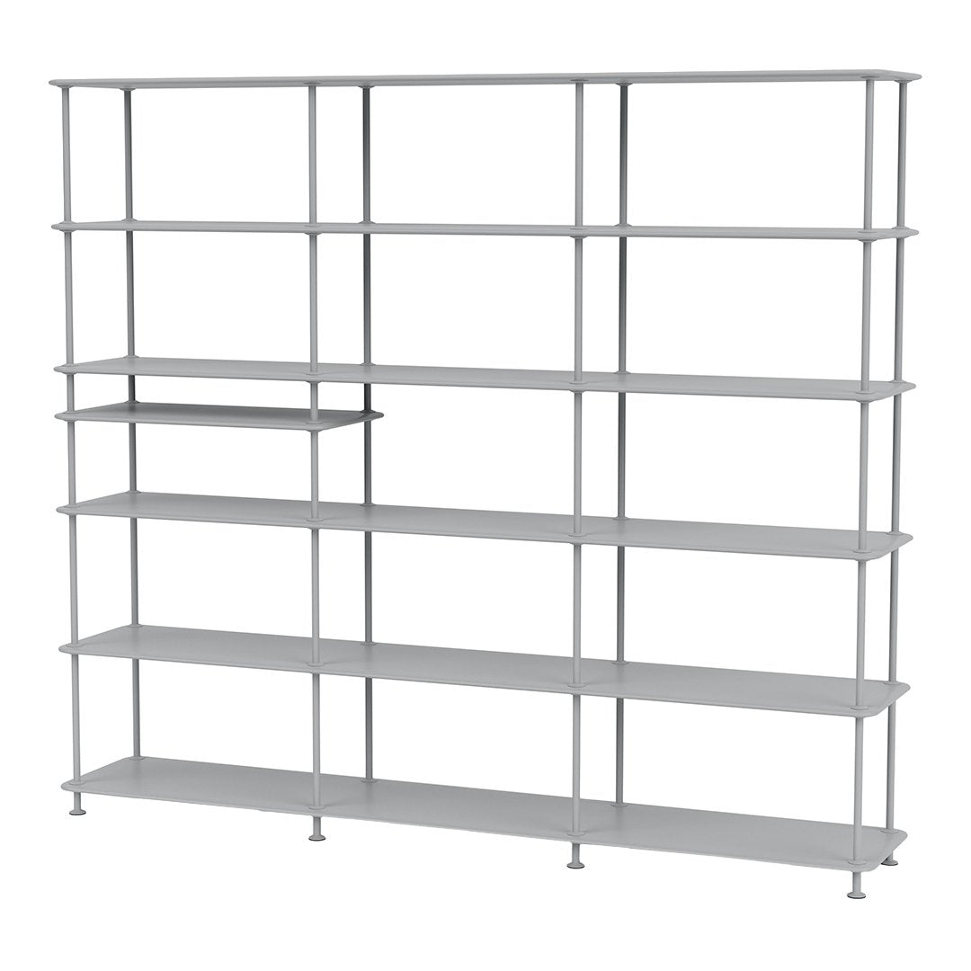 Silver metal shelving unit with multiple shelves and a sleek, modern design.