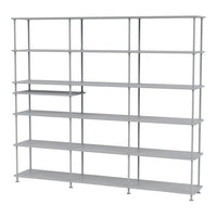 Silver metal shelving unit with multiple shelves and a sleek, modern design.