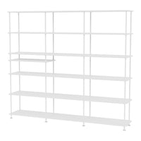 White shelving unit with a minimalistic design and multiple open shelves for versatile storage.