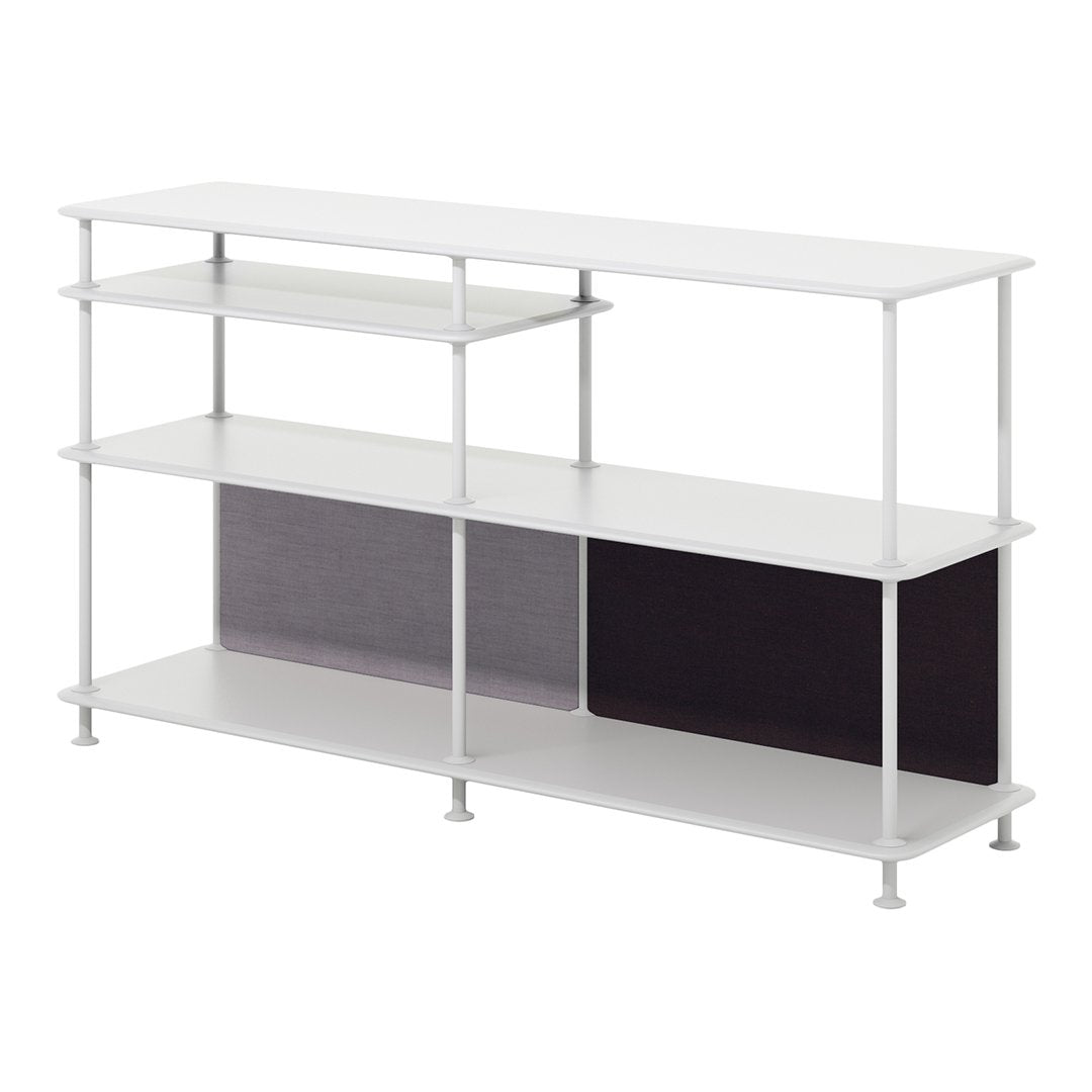 Minimalist white shelving unit with sleek lines and a contrasting dark gray panel pattern, perfect for modern decor.