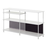 Minimalist white shelving unit with sleek lines and a contrasting dark gray panel pattern, perfect for modern decor.