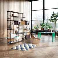 Modern shelving unit in black and beige, with a blue patterned rug and green desk in a bright, airy space.