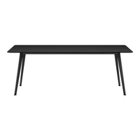 Sleek black rectangular dining table with modern minimalistic design and sturdy black legs. Perfect for contemporary spaces.
