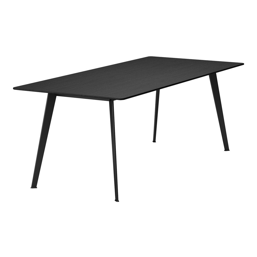 "Black rectangular table with a sleek, minimalist design and contrasting matte finish."