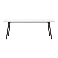 White table with sleek black legs, featuring a modern minimalist design for contemporary spaces.
